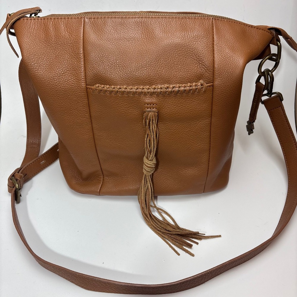 Lucky Brand Cognac Brown Pebbled Leather Tassel Crossbody Bag Boho Braided Trim